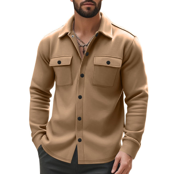 Men's unlined shirt jacket with fleece lining, patch chest pockets and snap button placket StylebySassy