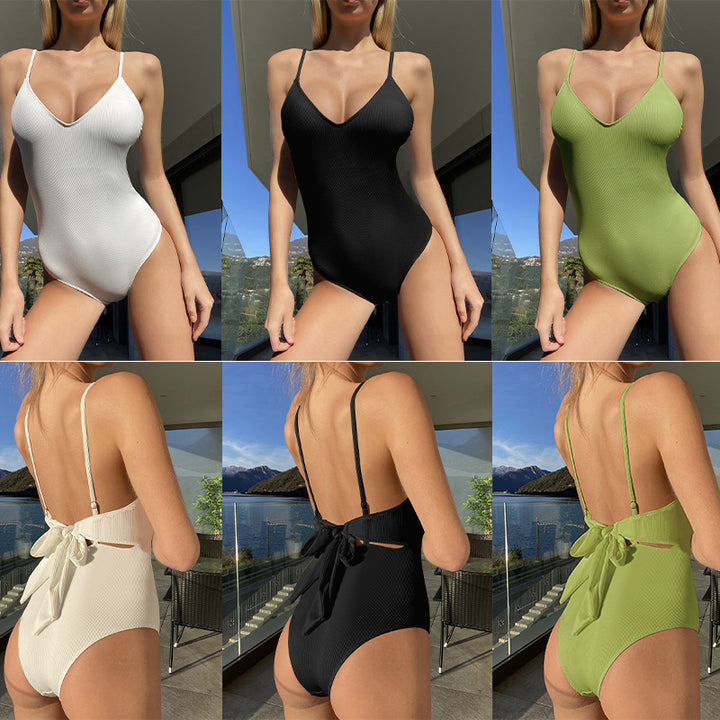 Women's one-piece swimsuit with deep V-neckline and fine ribbed texture StylebySassy