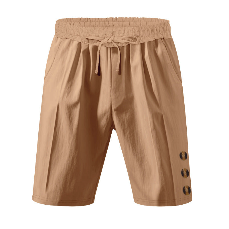 Men's knee-length casual Bermuda shorts with elastic tunnel drawstring waist, side slit pockets, and round decorative appliqués StylebySassy