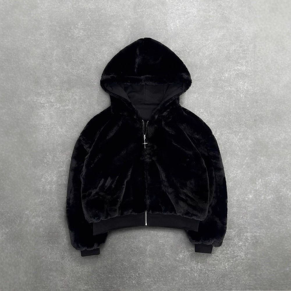 Women's short hooded jacket with faux fur lining, zipper and kangaroo pocket StylebySassy