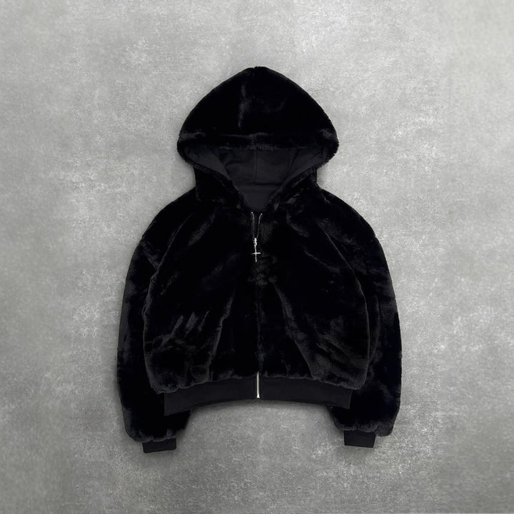 Women's short hooded jacket with faux fur lining, zipper and kangaroo pocket StylebySassy