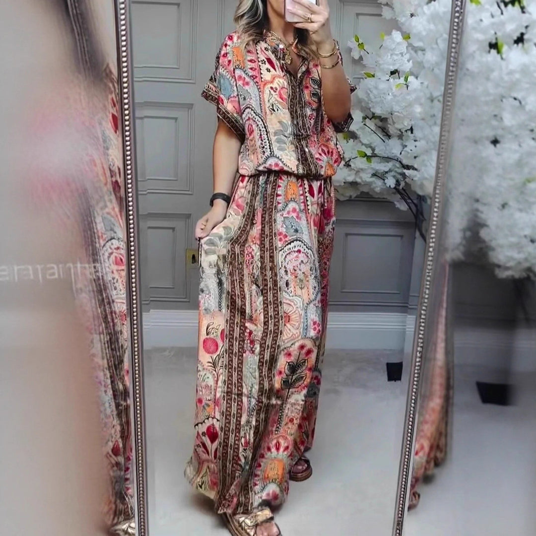Women's Boho two-piece made of lightweight viscose with short-sleeve blouse, button placket, drawstring waistband, and wide palazzo pants StylebySassy