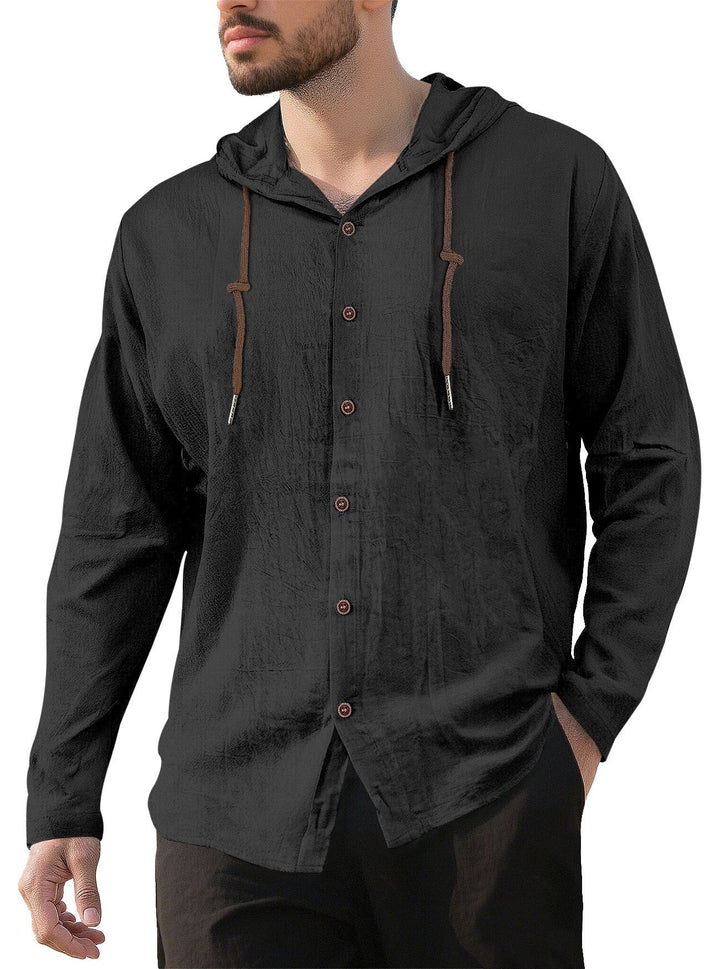 Men's hooded shirt in linen look with button placket and drawstring StylebySassy