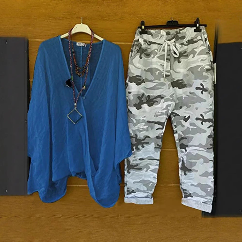 Women's two-piece outfit consisting of flowing kimono top and camouflage jogging pants StylebySassy