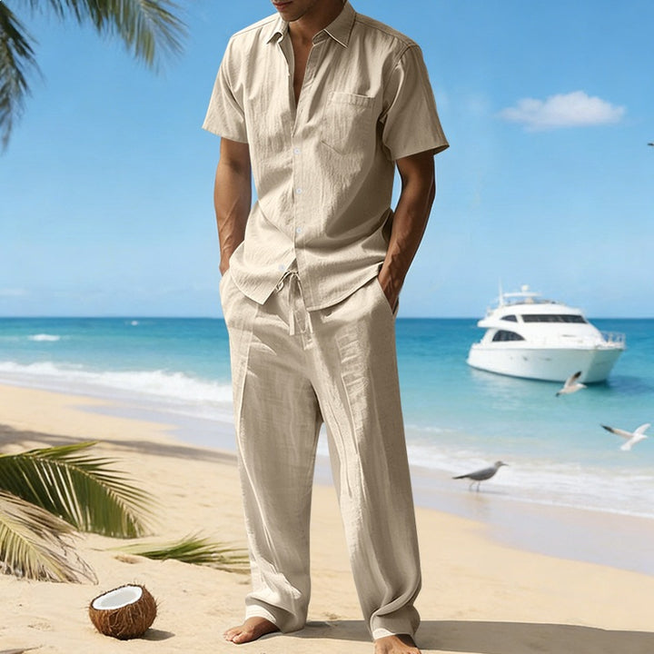 Men's resort-appropriate short-sleeve shirt with chest pocket and casual linen drawstring pants StylebySassy