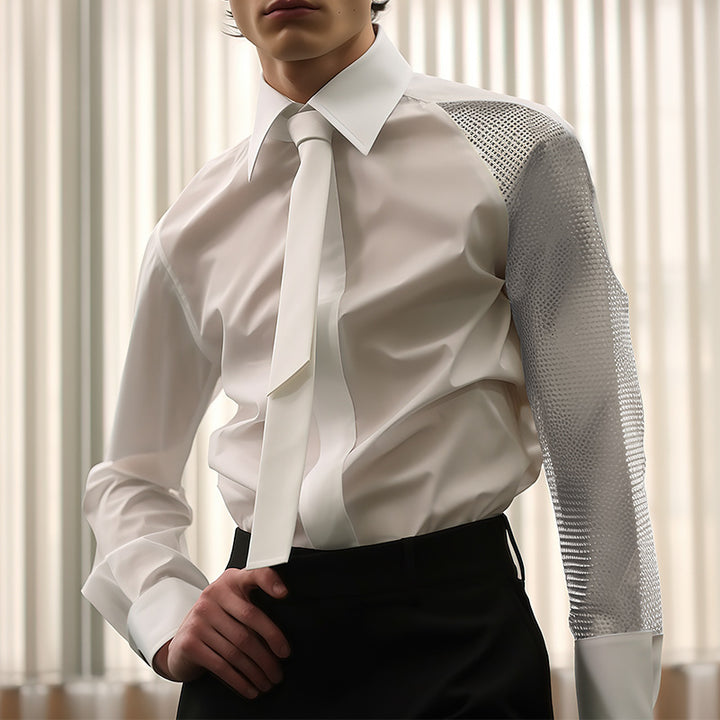Women’s flowing blouse with attached bow, concealed button placket, and one-sided mesh sleeve detail StylebySassy