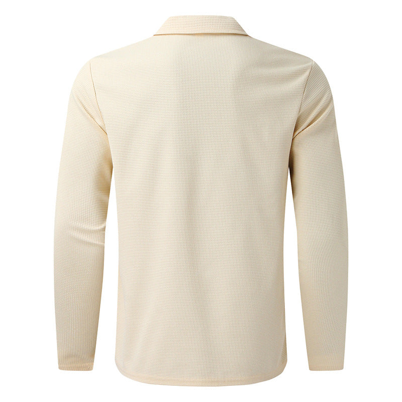Men's structured long-sleeve polo in waffle knit with shirt collar and narrow shoulder section StylebySassy