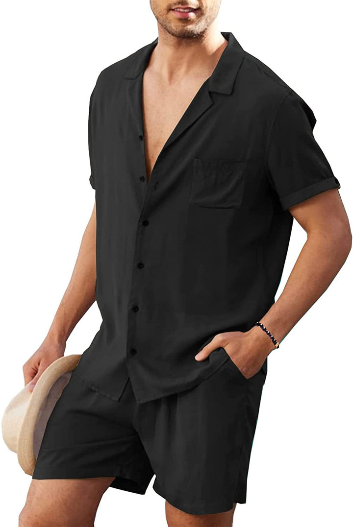 Men's two-piece summer casual ensemble with open collar shirt and elastic shorts StylebySassy