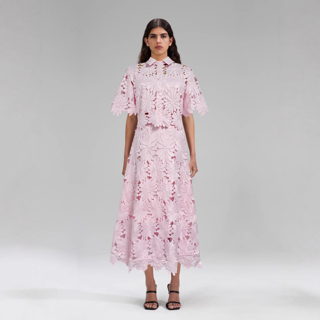 Ladies two-piece crochet lace set with shirt collar, short sleeves, and flared midi skirt StylebySassy