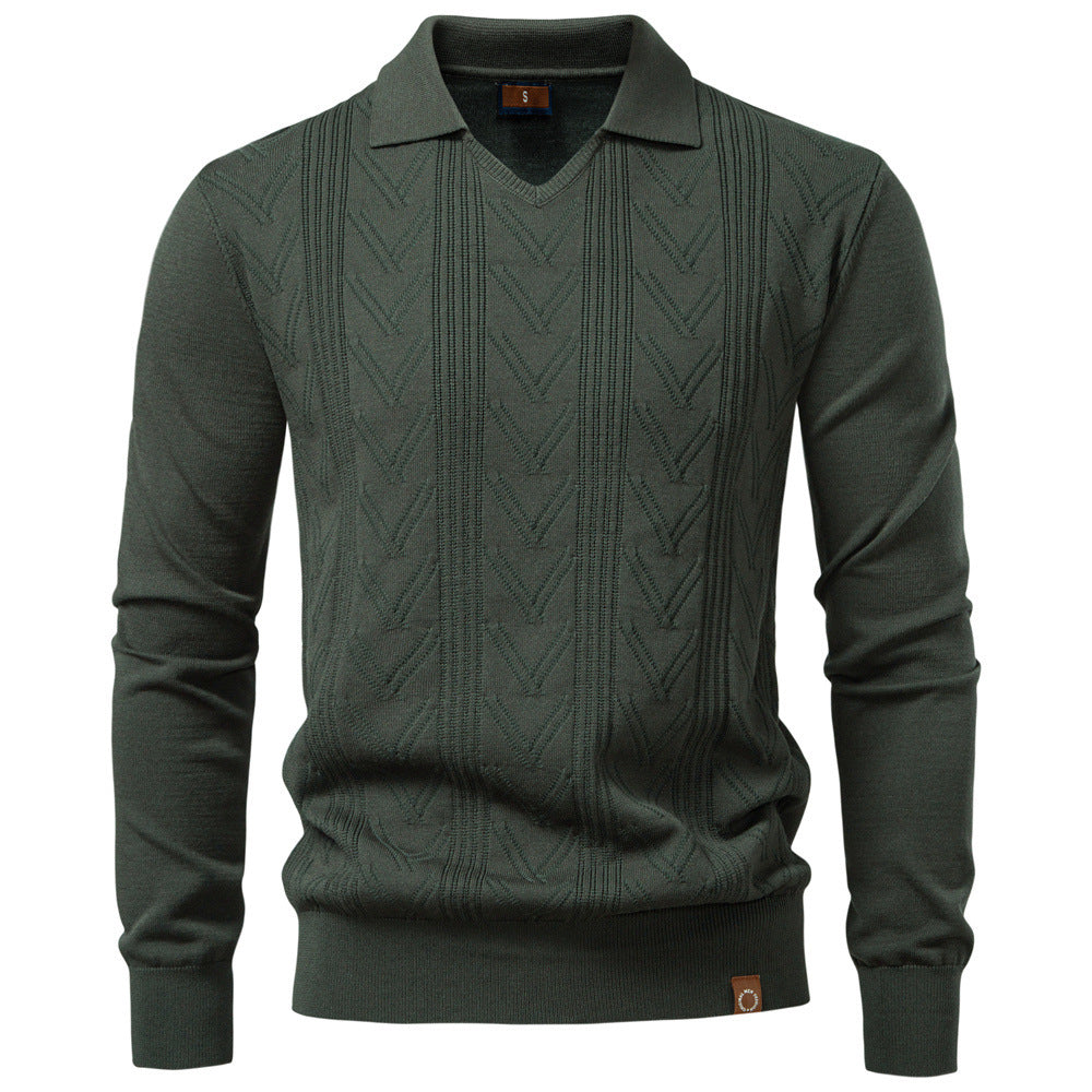 Men's fine knit polo sweater with V-neck, zigzag pattern and Kent collar StylebySassy