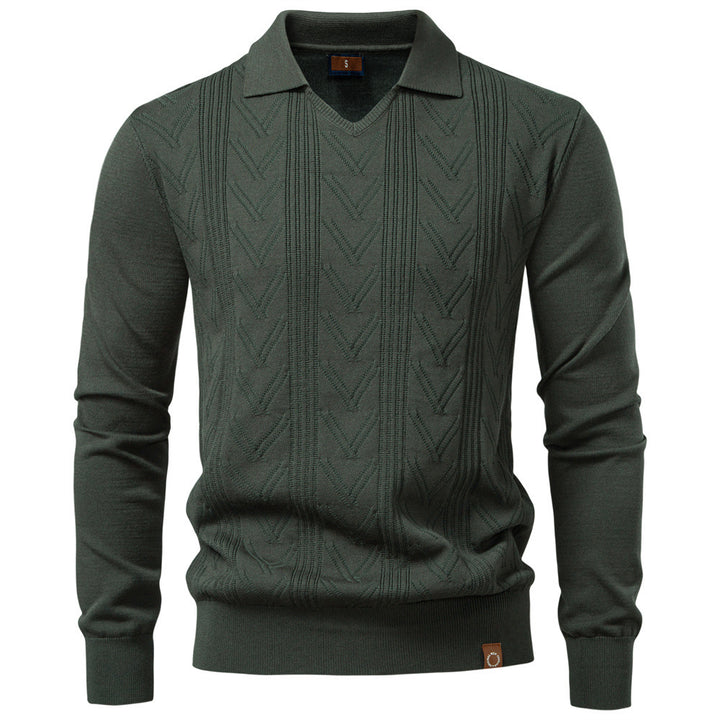 Men's fine knit polo sweater with V-neck, zigzag pattern and Kent collar StylebySassy