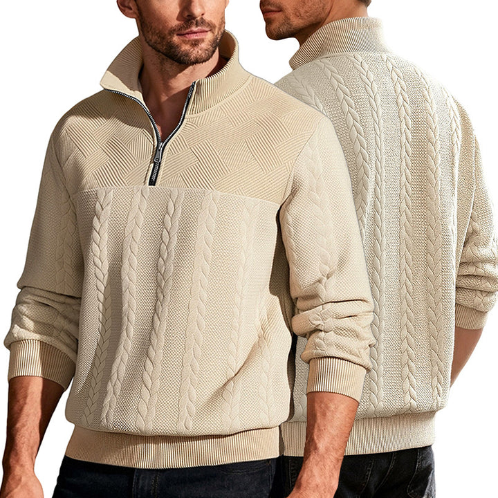 Men's textured knit sweater with half zip, braided cable pattern, and high stand-up collar StylebySassy