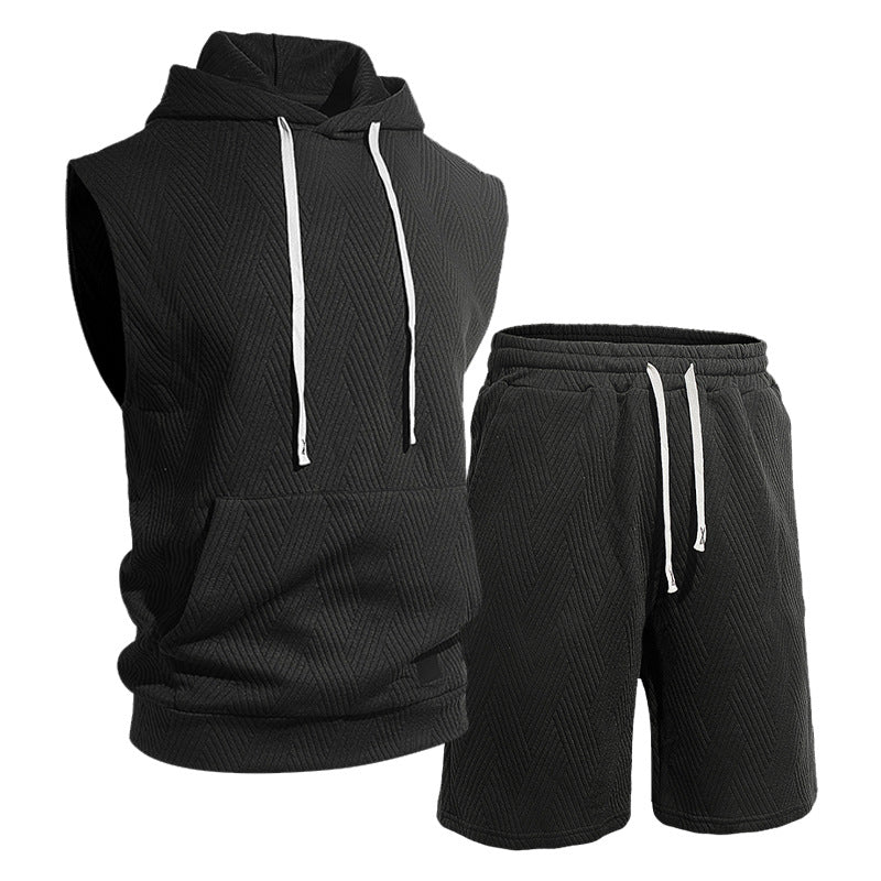 Men's sleeveless hoodie lounge set made of textured cotton blend with kangaroo pocket and elastic leisure pants StylebySassy