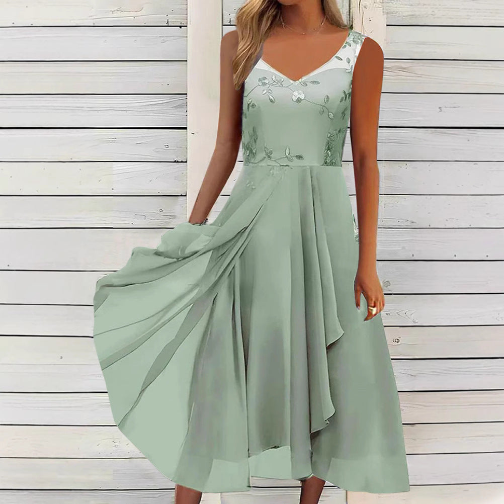 Women A-line chiffon dress with floral embroidered bodice, V-neck, draped godet swing and concealed side pockets StylebySassy