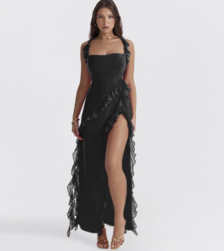 Women long evening dress with square neckline, shoulder ruffle straps, and high leg slits StylebySassy