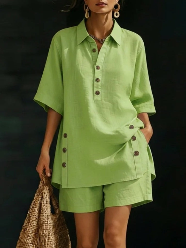 Women's airy linen-look two-piece set with oversized shirt blouse, button placket, and Bermuda shorts StylebySassy
