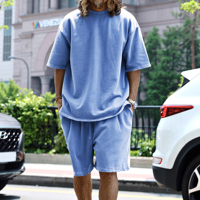 Men's casual short-sleeve shirt with loose sweat shorts made of heavy cotton jersey StylebySassy