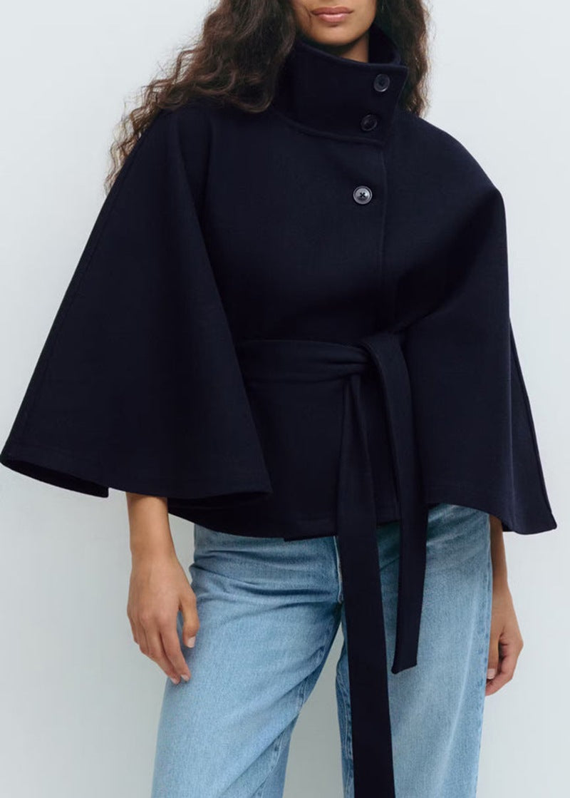 Women's oversized wool cape coat with stand-up collar and tie belt StylebySassy