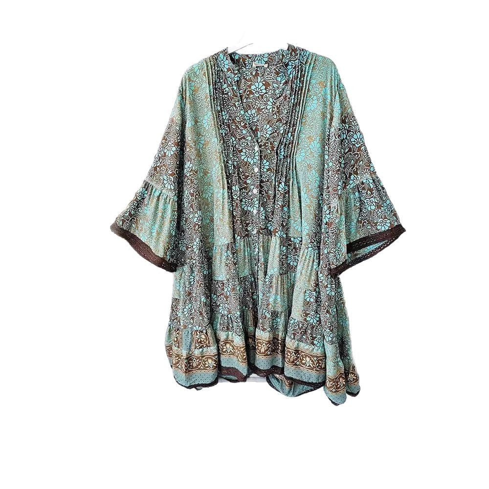 Women's airy Boho tiered dress with V-neck wide batwing sleeves and lace trim StylebySassy