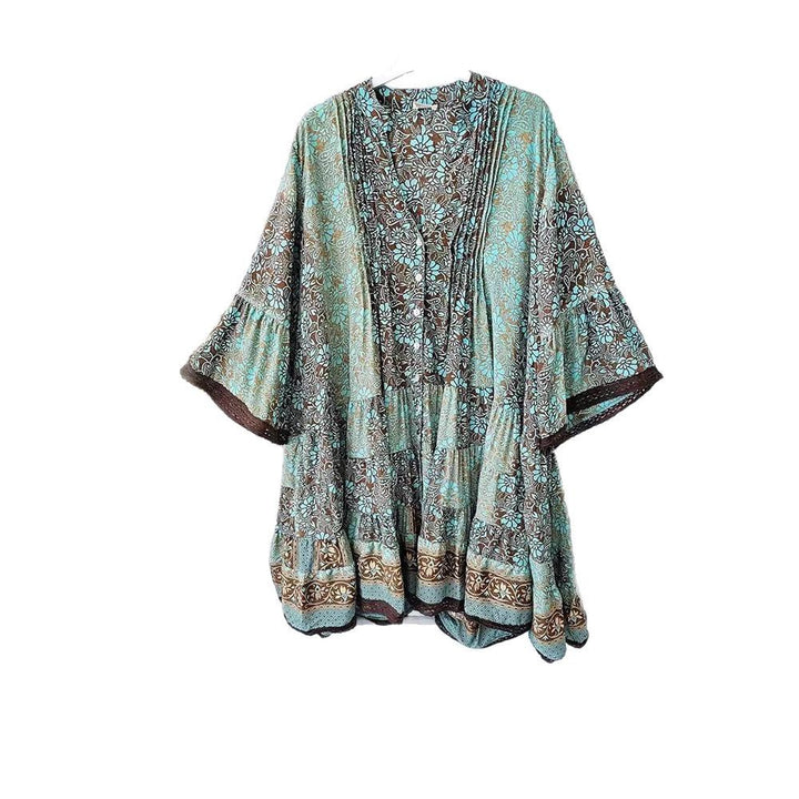 Women's airy Boho tiered dress with V-neck wide batwing sleeves and lace trim StylebySassy