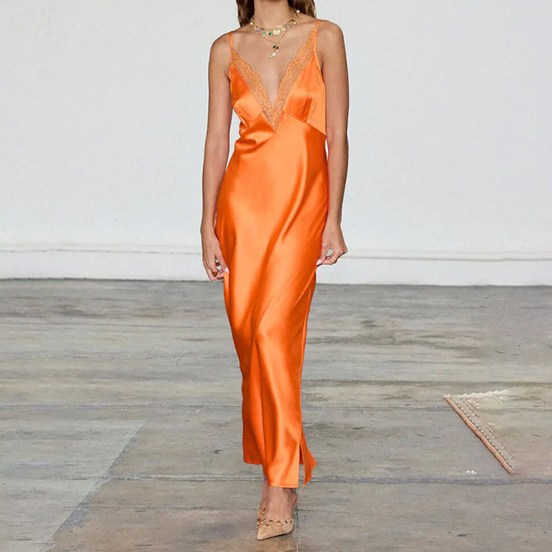 Ladies Elegant Satin Maxi Dress with Transparent Lace StylebySassy