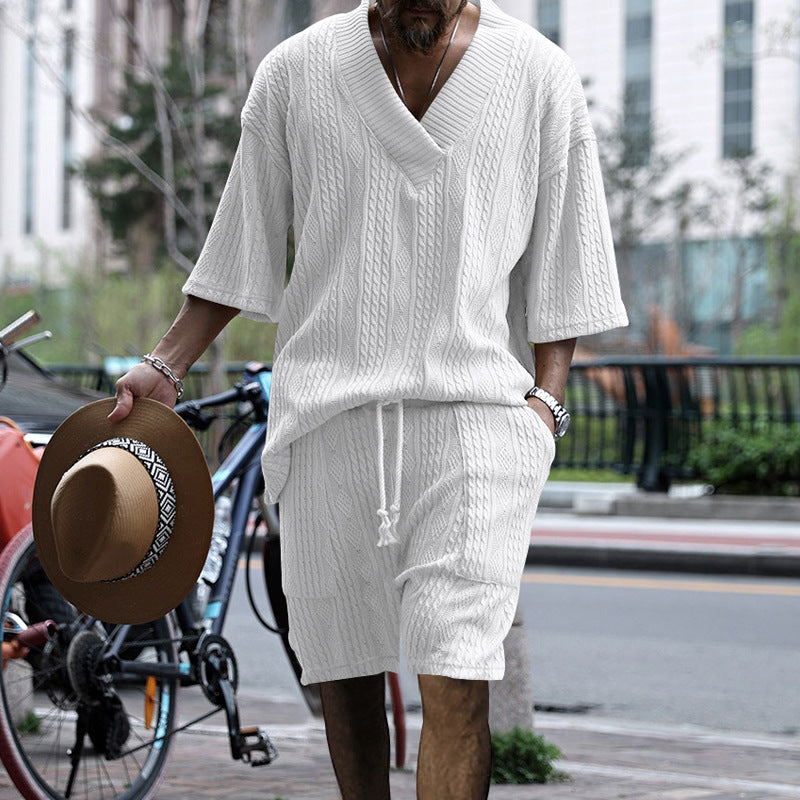 Men's urban braid knit two-piece with deep V-neck, boxy fit and drawstring shorts StylebySassy