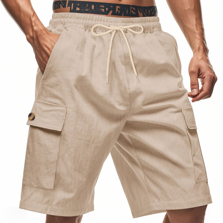 Men's casual utility bermuda with fine ribbed texture, elastic drawstring, and flap pockets StylebySassy