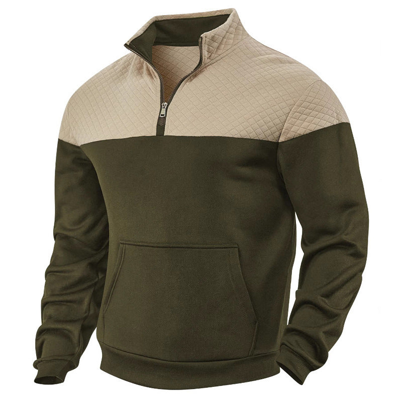 Men's quilted shoulder yoke half-zip sweater with kangaroo pocket and stand collar StylebySassy