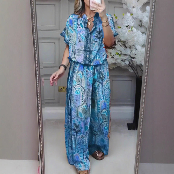 Women's Boho two-piece made of lightweight viscose with short-sleeve blouse, button placket, drawstring waistband, and wide palazzo pants StylebySassy