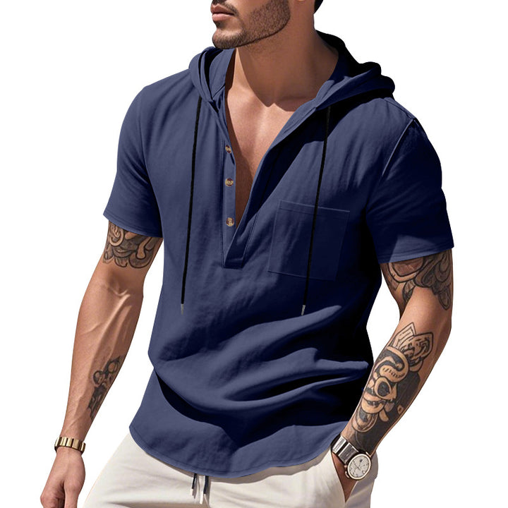 Men's lightweight short-sleeve hooded Henley made of single jersey with chest pocket and contrast drawstring StylebySassy