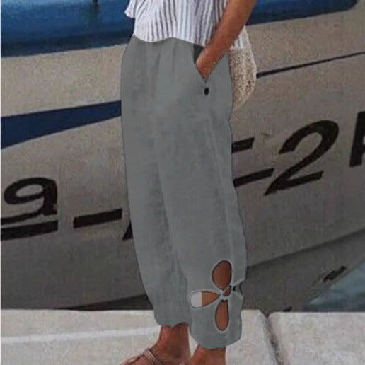 Women's light summer pants with elastic waistband, gathered ankle, and flower-shaped cutout StylebySassy