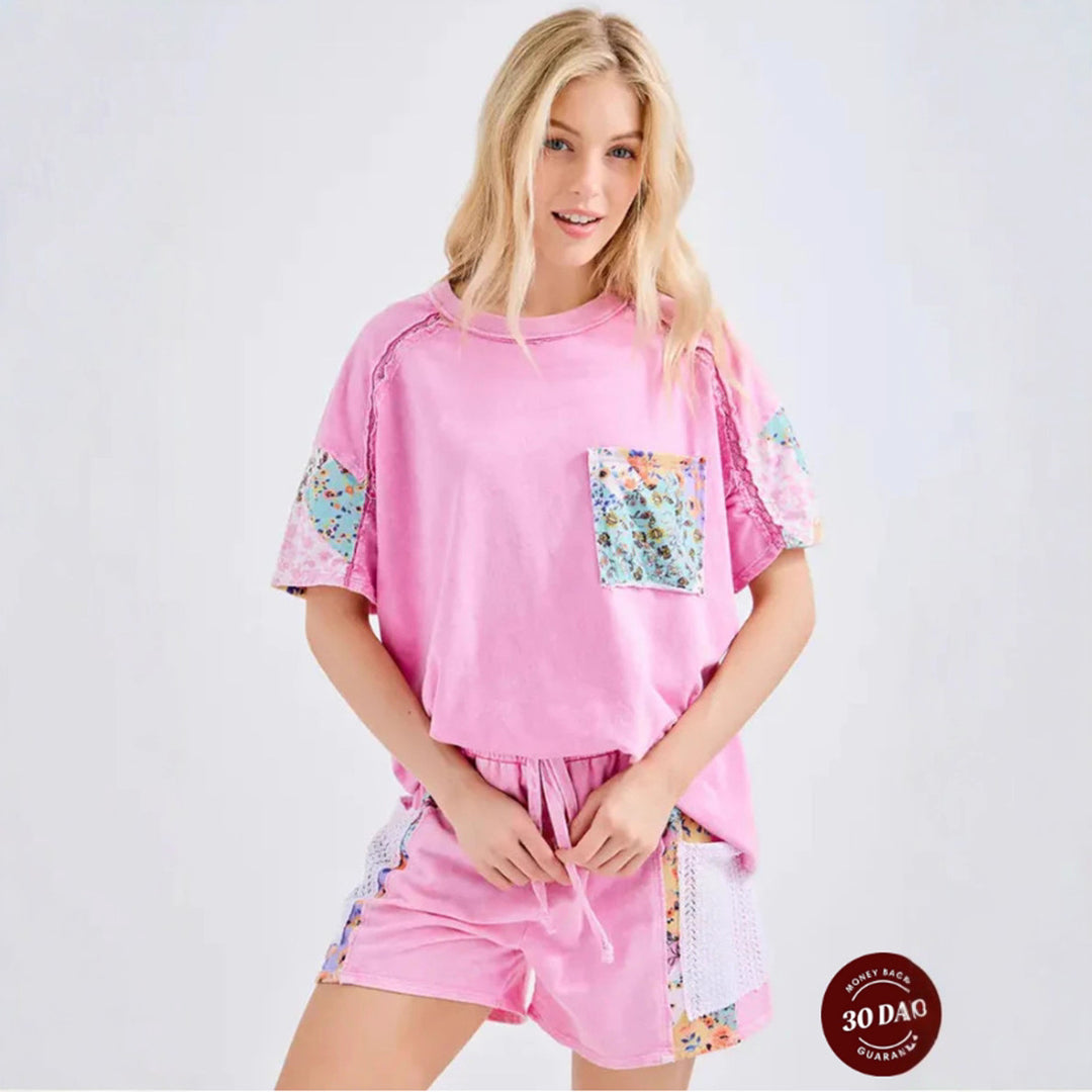 Women's short house suit set made of cotton jersey with floral patchwork look, chest pocket and drawstring StylebySassy