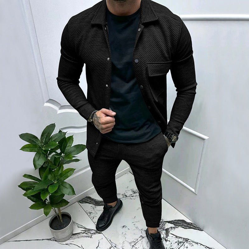 Men's finely structured shirt jacket and sweatpants set with a slim fit StylebySassy