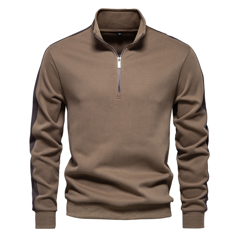 Men's stand-up collar sweater with short zipper and contrast side stripes StylebySassy
