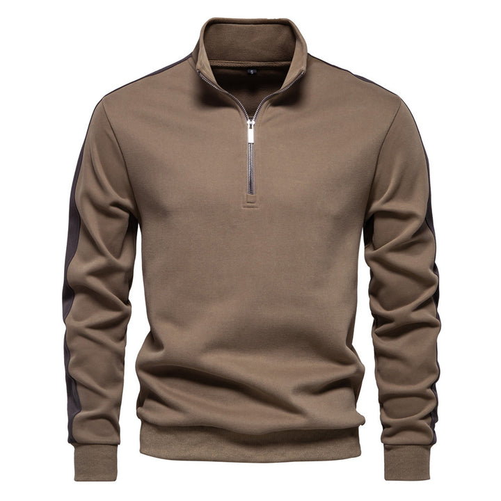 Men's stand-up collar sweater with short zipper and contrast side stripes StylebySassy