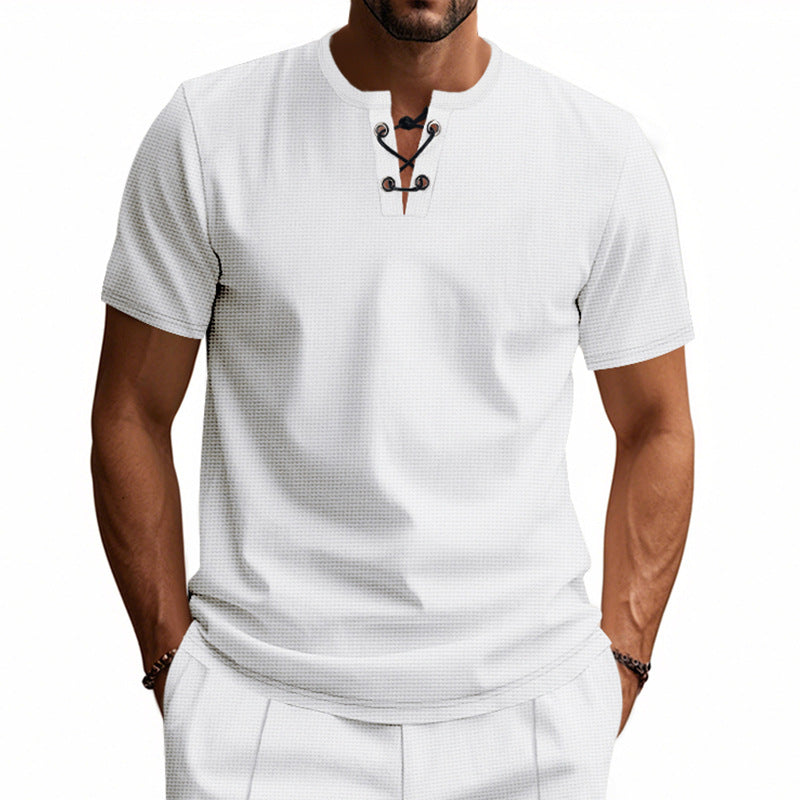 Men's short-sleeve shirt with lacing at the neckline and waffle texture StylebySassy