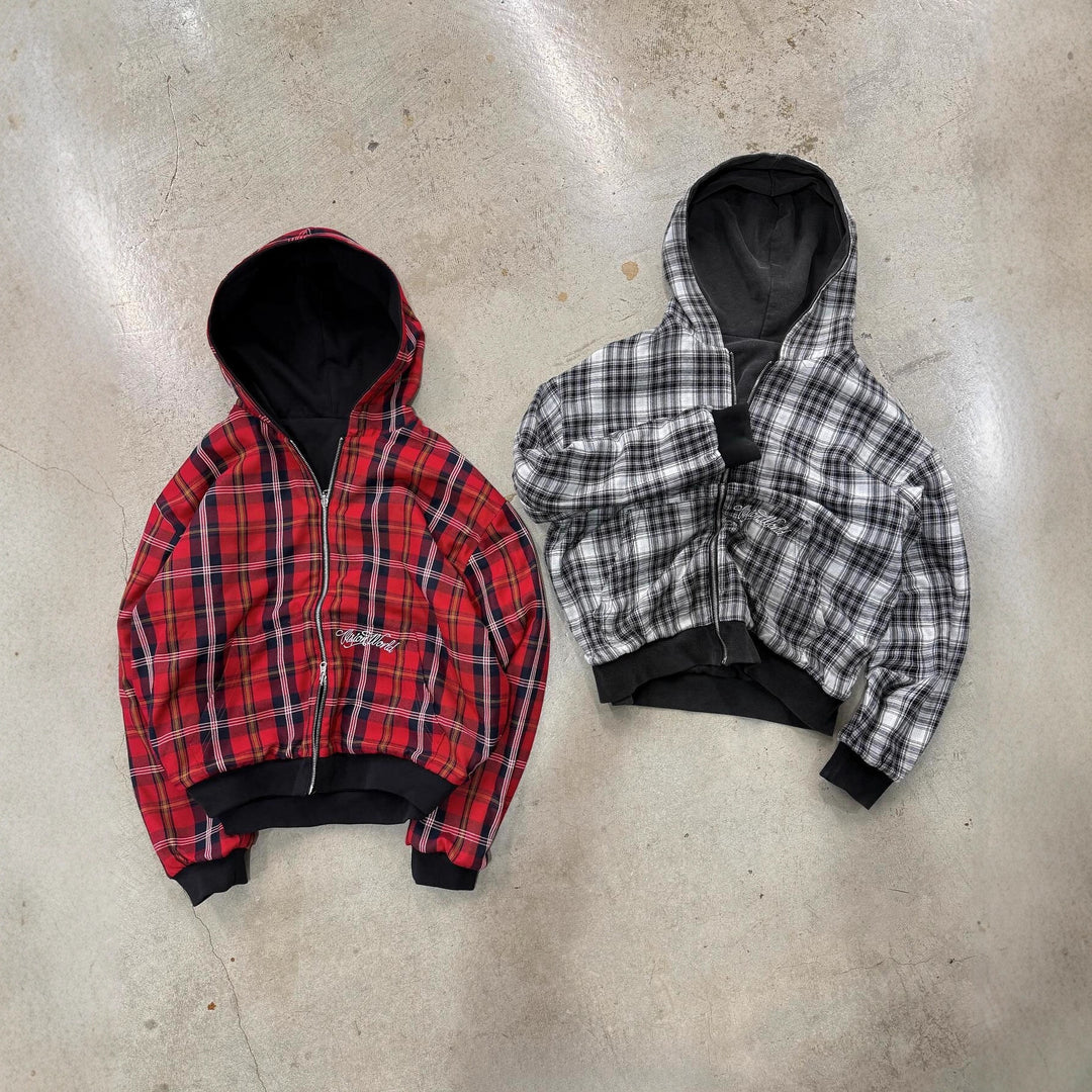 Unisex nan reversible hoodie jacket with checked lining, full zip and kangaroo pocket StylebySassy