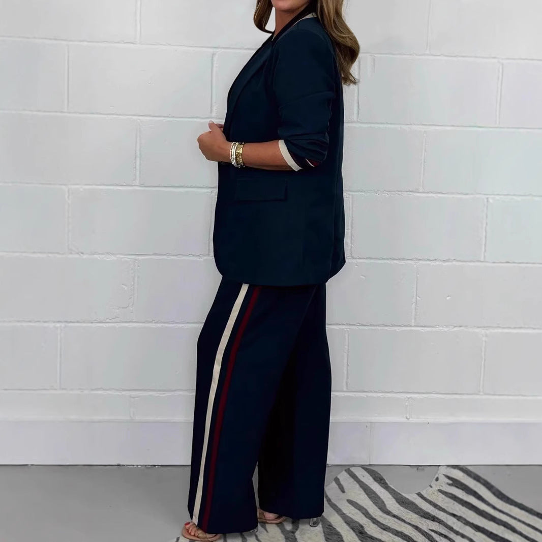 Women's fitted long blazer pant set with crease, wide leg and side piping StylebySassy