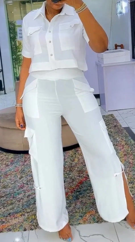 Women's two-piece shirt and cargo pants set with short oversized shirt, high waist, wide leg, and side leg slits StylebySassy