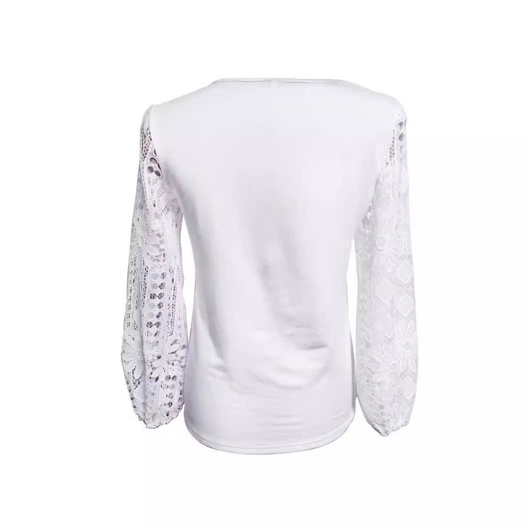 Ladies nan tunic top with asymmetrical waterfall yoke and floral lace balloon sleeves StylebySassy