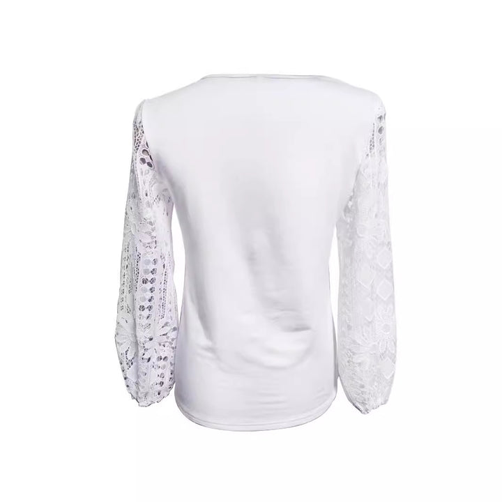 Ladies nan tunic top with asymmetrical waterfall yoke and floral lace balloon sleeves StylebySassy