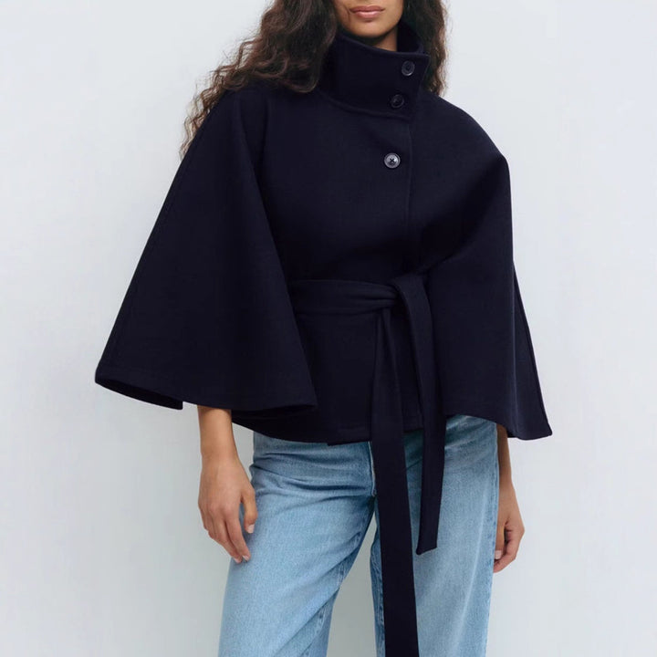 Women's oversized wool cape coat with stand-up collar and tie belt StylebySassy