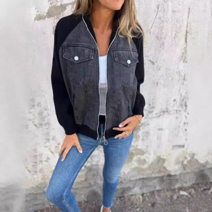 Women's Sweat-Jeans-Bomber Jacket with Raglan Sleeves, Breast Pockets, and Zipper StylebySassy