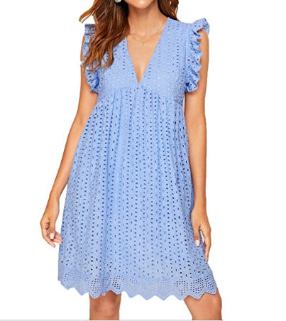Women's Broderie-Anglaise Mini Dress with V-Neck, Ruffled Sleeves, and Insert Pockets StylebySassy