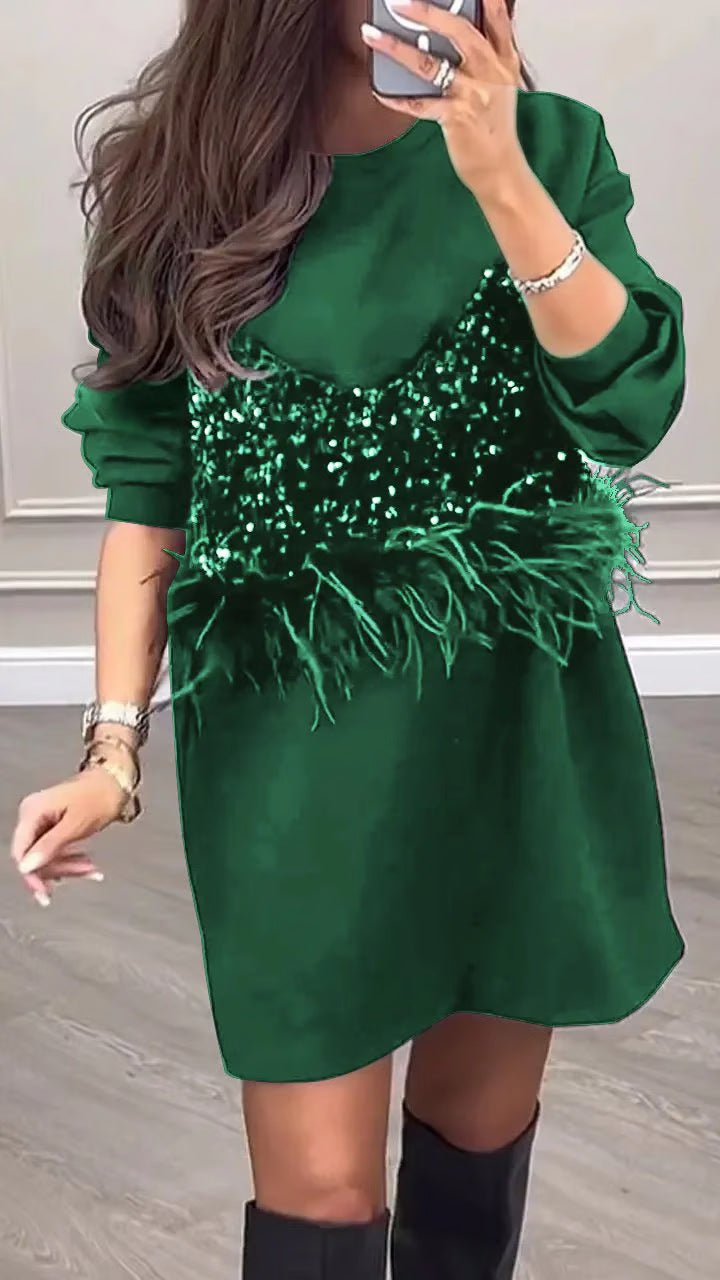 Women's Nan Sweat Mini Dress with Sequin Bustier and Feather Trim StylebySassy