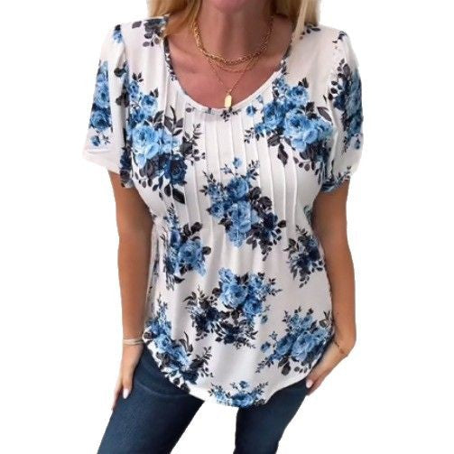 Women's short-sleeve blouse with box pleats, round neckline and floral all-over print StylebySassy