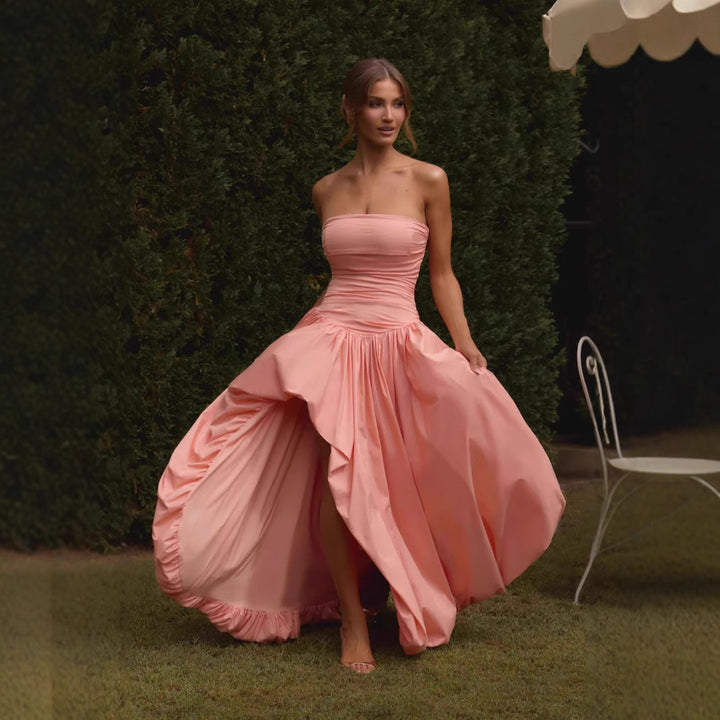Women's Strapless Ball Gown with High Slit and Flowing Skirt StylebySassy