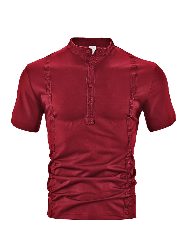Men's short sleeve stand collar shirt with concealed button placket, decorative piping and fitted silhouette StylebySassy