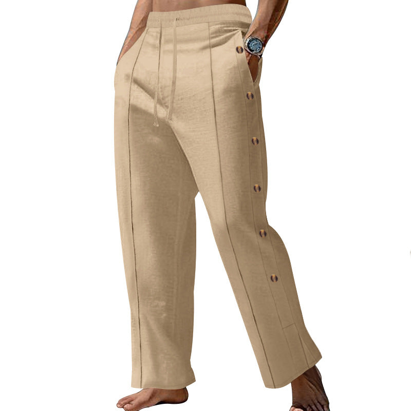 Men's nautical relaxed trousers with wide leg, elastic drawstring waistband and side button placket StylebySassy