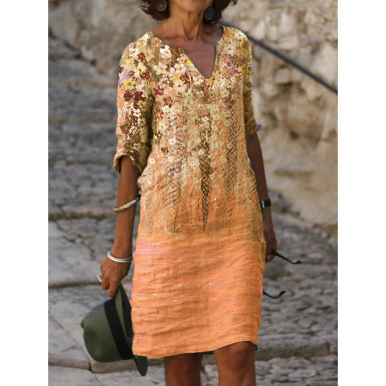Women's knee-length midi dress in a material mix with floral lace surface, V-neck and crinkle texture StylebySassy